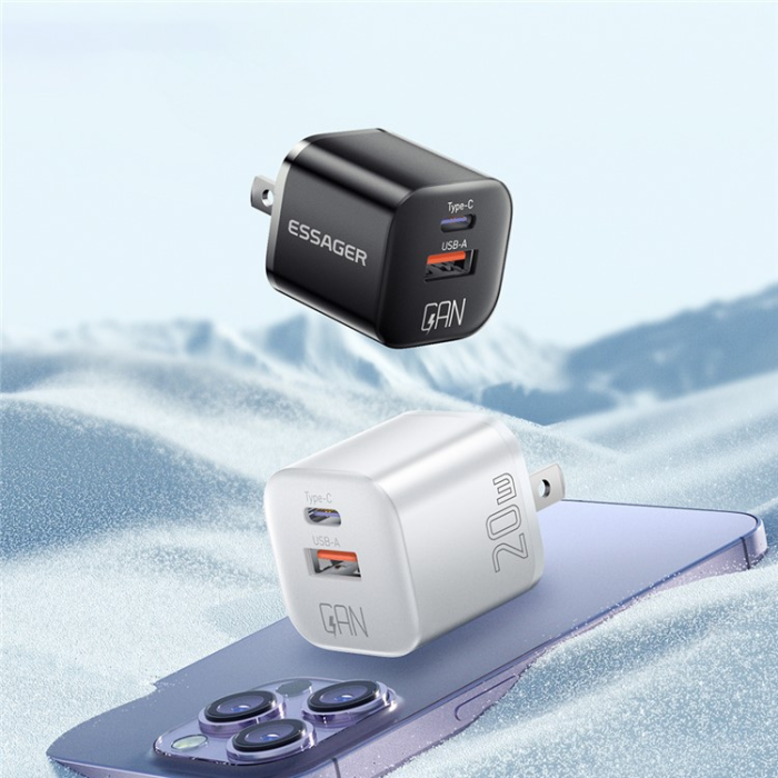 ESSAGER - ESSAGER GaN Snabbladdare 20W USB-A - USB-C US Curved - Vit