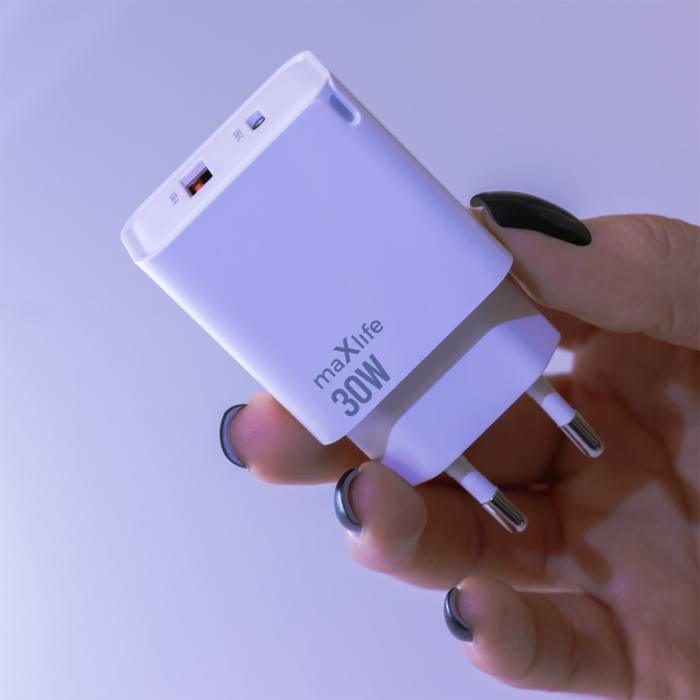 Maxlife - Maxlife Snabbladdare 1x USB-C 1x USB 30W Gan PD QC - Vit
