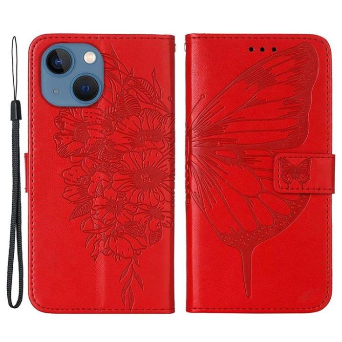 A-One Brand - iPhone 14 Plånboksfodral Butterfly Flower Imprinted - Röd