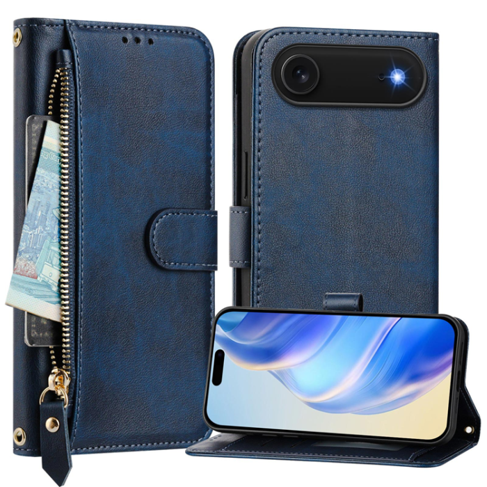 A-One Brand - iPhone 17 Air Plånboksfodral Zipper Pocket Läder - Blå