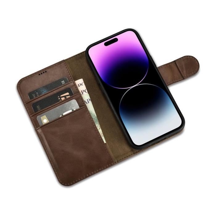 ICARER - iCarer iPhone 14 Pro Max Plånboksfodral Äkta Läder 2in1 Anti-RFID - Brun
