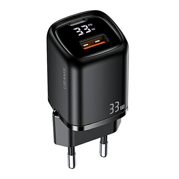 USAMS Väggladdare 1xUSB-C+1xUSB T46 33W PD3.0 QC3.0 Svart