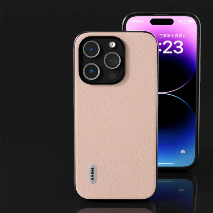 ABEEL - ABEEL iPhone 15 Pro Max Mobilskal Äkta Läder Litchi - Rosa