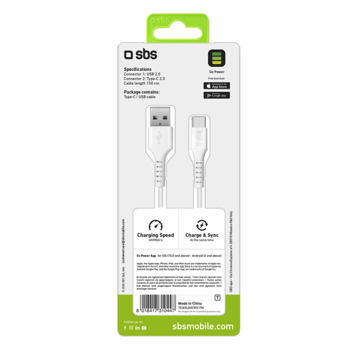 SBS - SBS USB-A - USB-C Kabel 1.5m - Vit