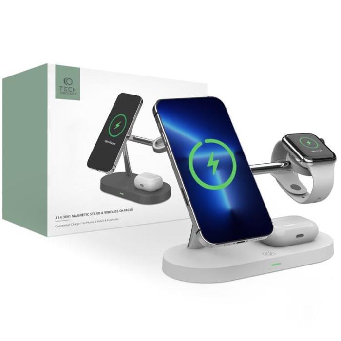 UTGATT - Tech-Protect 3-i-1 Magsafe Trådlös Laddare iPhone, Apple Watch, Airpods - Vit