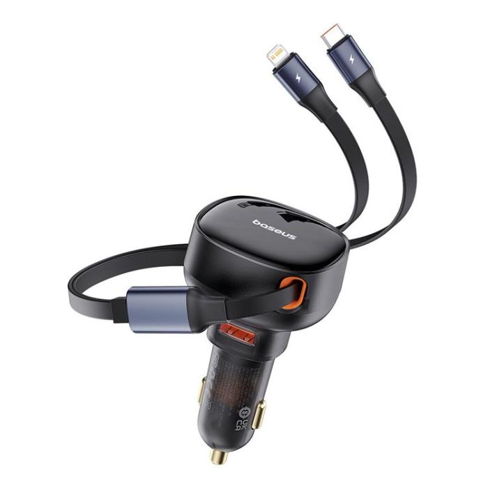 BASEUS - Baseus Enjoyment USB-A Billaddare med USB-C/Lightning 60W Kabel - Svart
