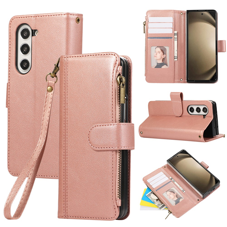 Galaxy Z Fold 7 Plånboksfodral Multi Zipper Läder - Roséguld | 2353 | AlltMobil