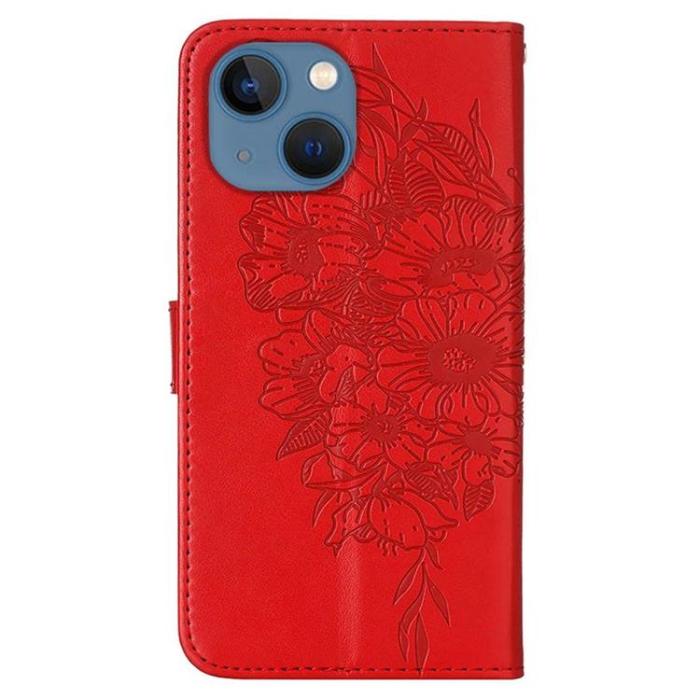 A-One Brand - iPhone 14 Plånboksfodral Butterfly Flower Imprinted - Röd