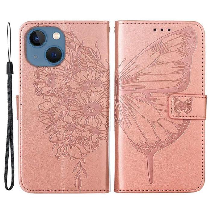 OEM - iPhone 14 Plånboksfodral Butterfly Flower Imprinted - Rosa Guld