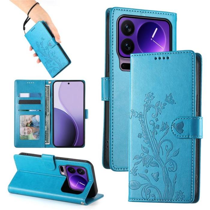 A-One Brand - Xiaomi 17 Pro Max Plånboksfodral Floral Imprint Med Handledsrem - Blå