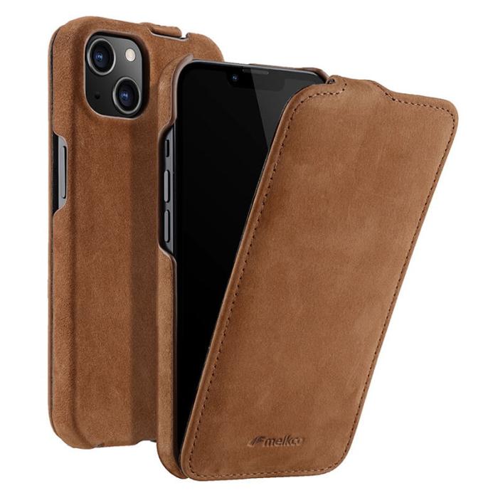 Melkco - MELKCO iPhone 14 Plus Vertikalt Flipfodral Äkta Läder + PC - Brun