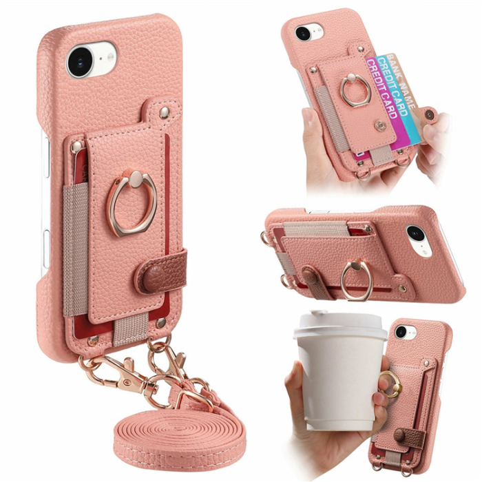 A-One Brand - Mobilskal till iPhone 16e med Korthållare Ring Kickstand - Rosa