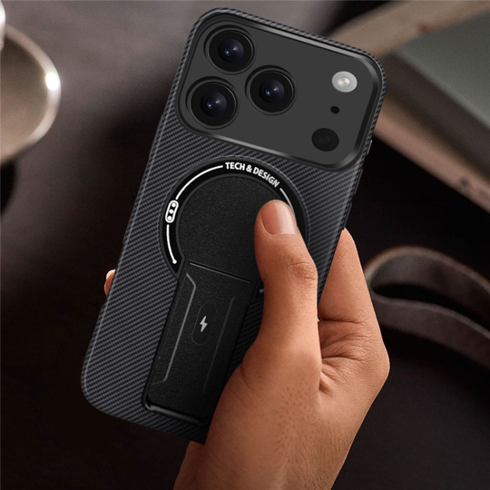 A-One Brand - iPhone 17 Pro Mobilskal MagSafe Kickstand Carbon Fiber - Svart