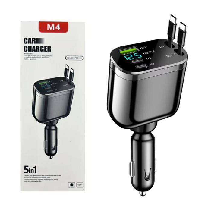A-One Brand - 5in1 Billaddare USB-A - 2x USB-C med Dual Indragbar Kabel LED