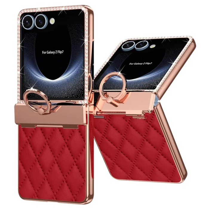 A-One Brand - Galaxy Z Flip 7 Mobilskal Ringhållare Rhinestone - Vinröd