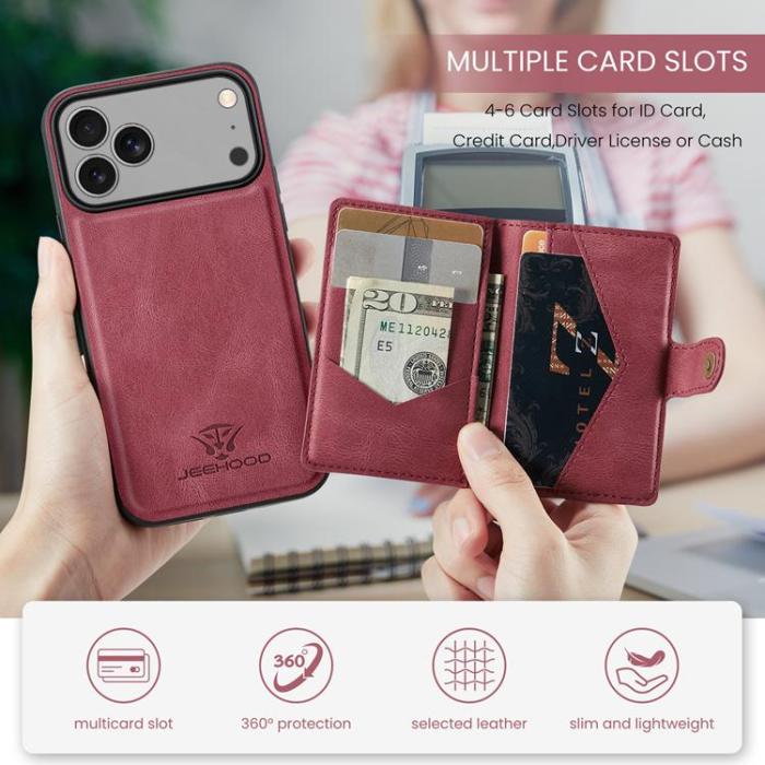 OEM - JEEHOOD iPhone 17 Pro Mobilskal KonstLäder Plast Avtagbar - Röd