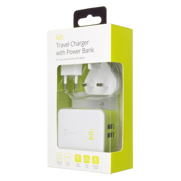 UTGATT5 - KIT Laddare 220V 2xUSB 2in1 Powerbank 3000 mAh - Vit