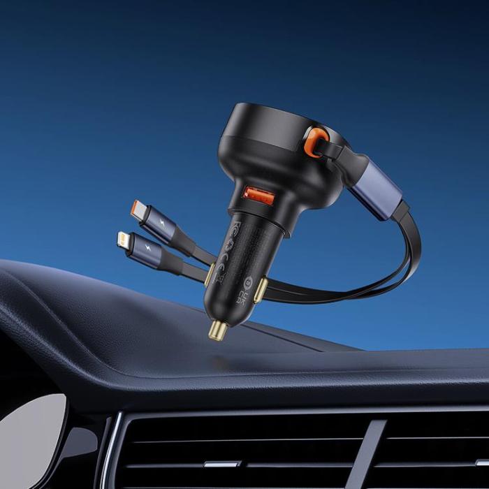 BASEUS - Baseus Enjoyment USB-A Billaddare med USB-C/Lightning 60W Kabel - Svart