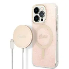 UTGATT1 - GUESS iPhone 14 Pro Max Magsafe Skal 4G Print + Trådlös Laddare - Rosa