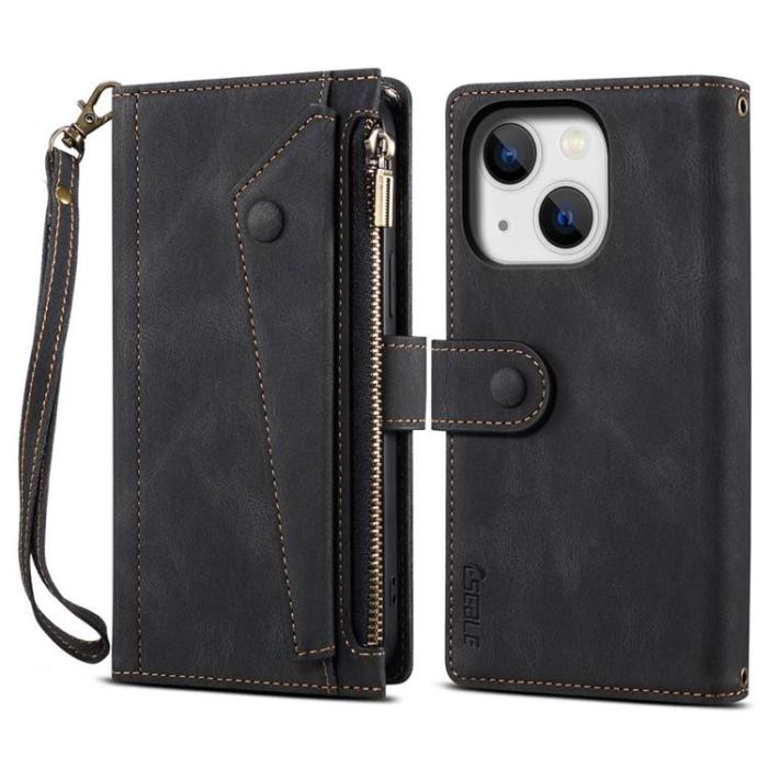 OEM - iPhone 14 Plus Plånboksfodral Flap Zipper Strap - Svart