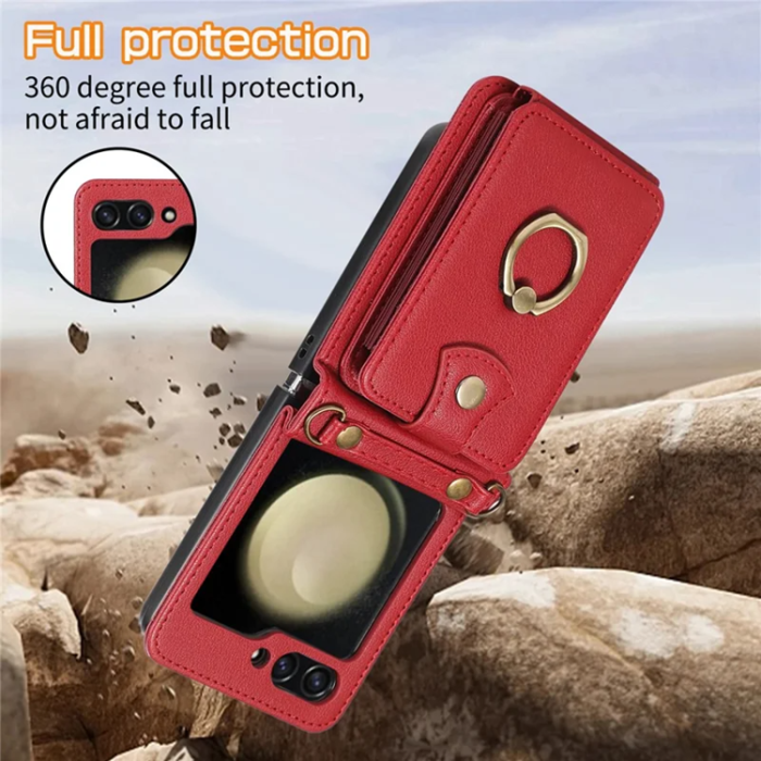 A-One Brand - Galaxy Z Flip7 Plånboksfodral Ring Kickstand med Lång rem - Röd