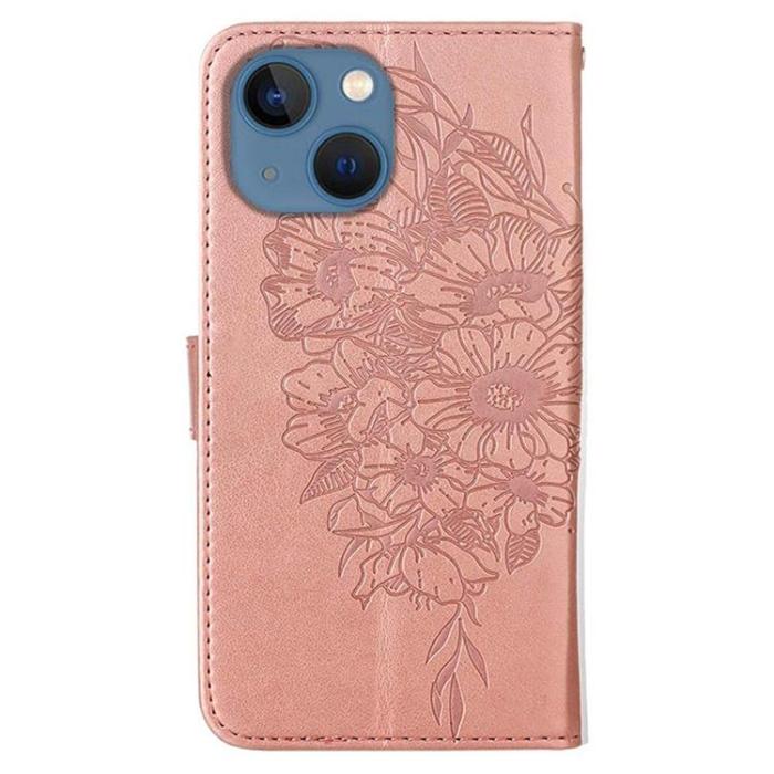 OEM - iPhone 14 Plånboksfodral Butterfly Flower Imprinted - Rosa Guld