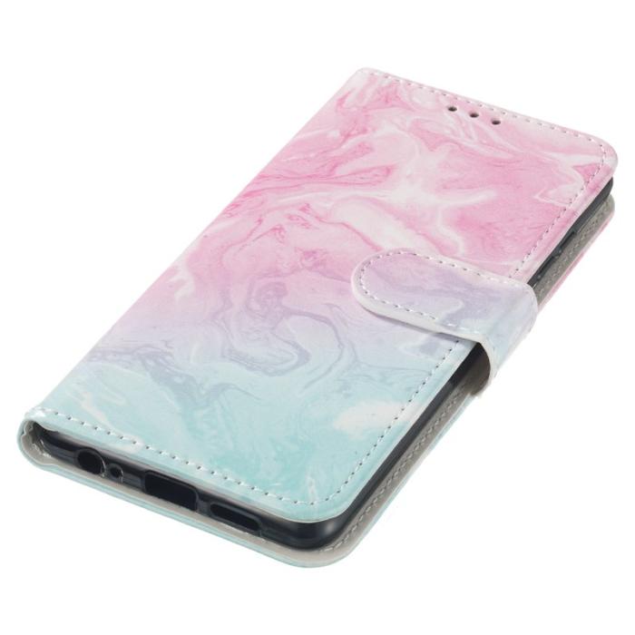 OEM - Samsung Galaxy A35 5G Fodral Äkta Läder Mönstertryckt - Rosa Grön Marmor
