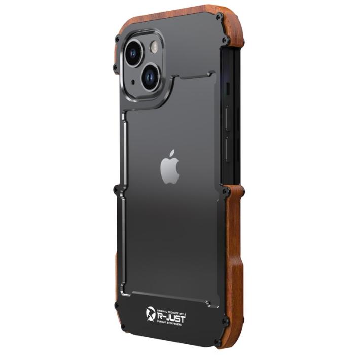 R-JUST - R-JUST Mobilskal till iPhone 14 Bumper i Trä och Aluminium, Shockproof