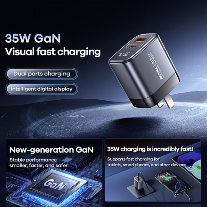 Remax - REMAX GaN Snabbladdare 35W USB-C - USB-A 30W EU U2-AC - Svart