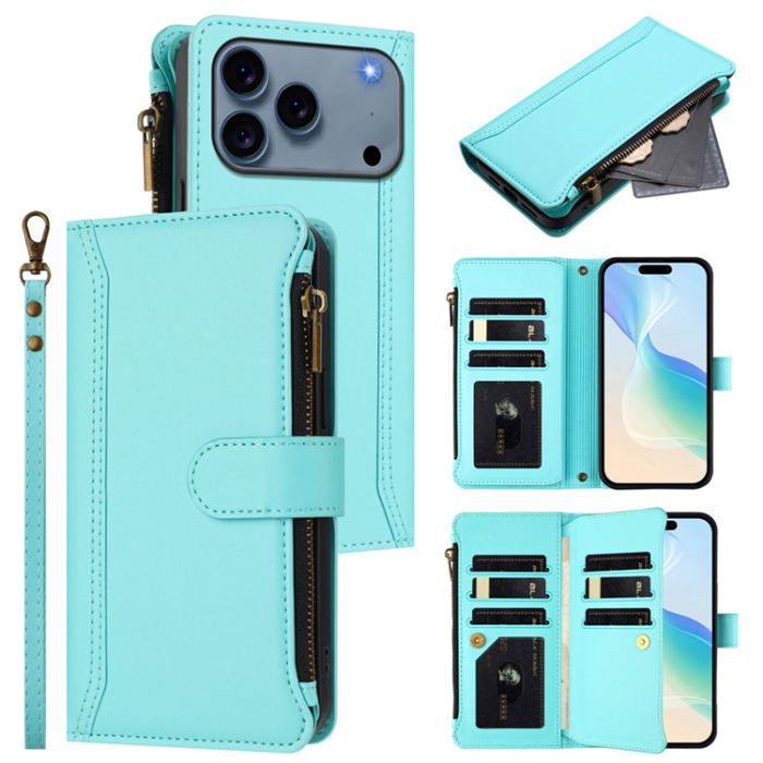 A-One Brand - iPhone 17 Pro Plånboksfodral Zipper Med Rem - Mintgrön