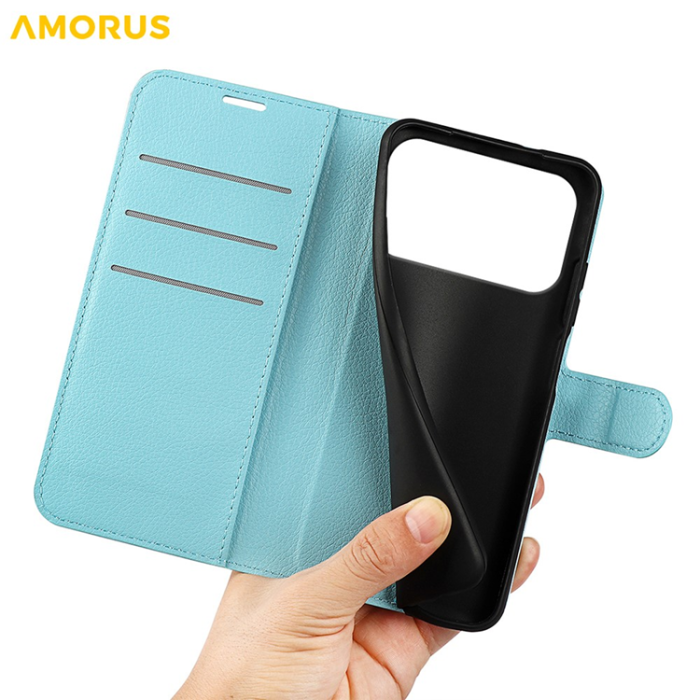 Amorus - AMORUS iPhone 17 Pro Max Plånboksfodral Flipstativ Litchi - Blå
