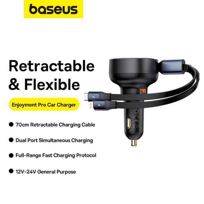 BASEUS - Baseus Enjoyment USB-A Billaddare med USB-C/Lightning 60W Kabel - Svart