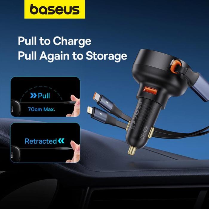 BASEUS - Baseus Enjoyment USB-A Billaddare med USB-C/Lightning 60W Kabel - Svart