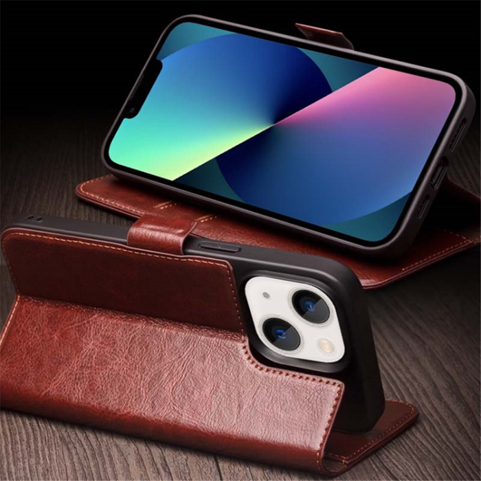 QIALINO - QIALINO iPhone 13 Plånboksfodral Äkta läder Flip - Ljusbrun