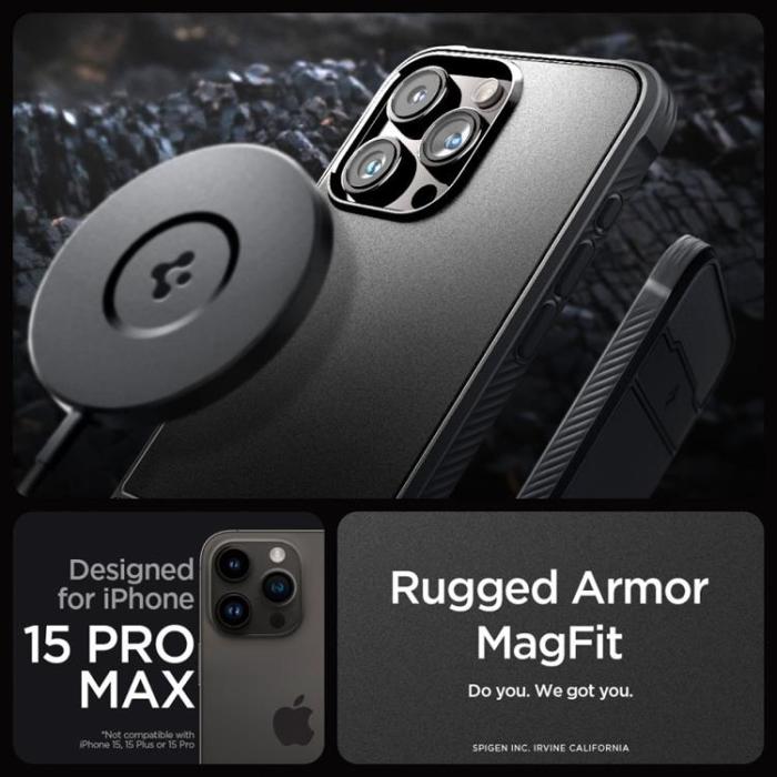 Spigen - Spigen iPhone 15 Pro Max Mobilskal Magsafe Rugged Armor -Svart