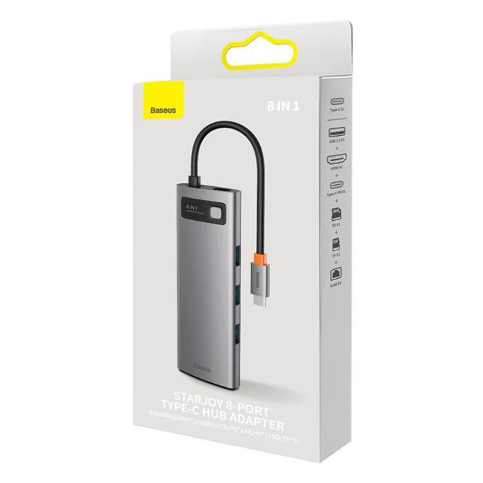 BASEUS - Baseus StarJoy HUB 8-Port USB-C - 3x USB-A - Grå