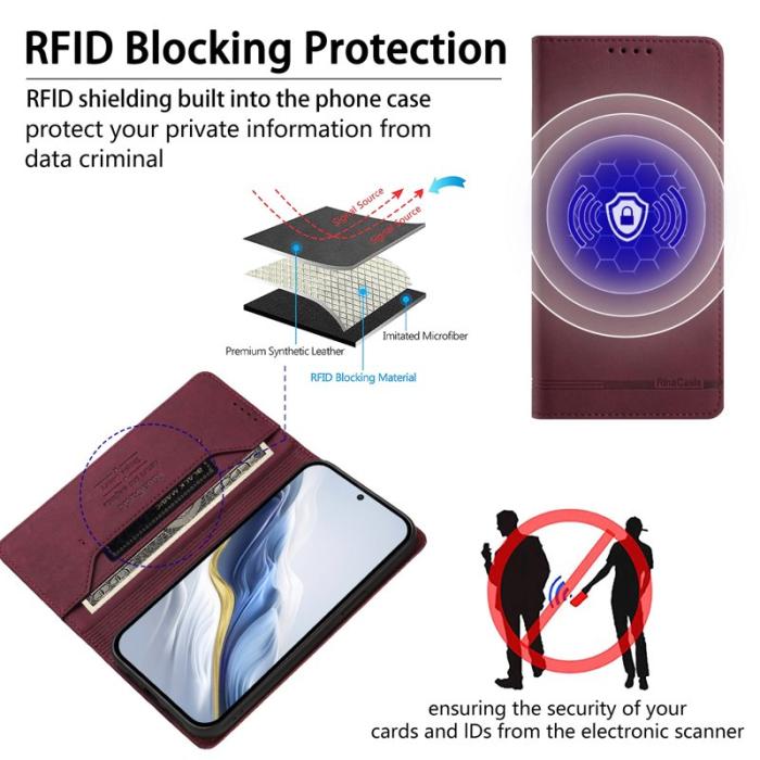 OEM - RINACASIS Samsung Galaxy A57 Plånboksfodral Konstläder RFID Skydd - Vinröd