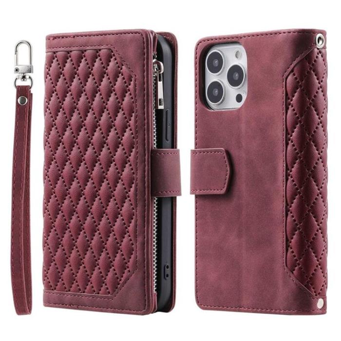 A-One Brand - iPhone 13 Pro Max Plånboksfodral Rhombus Grid - Vinröd
