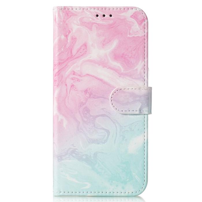 OEM - Samsung Galaxy A35 5G Fodral Äkta Läder Mönstertryckt - Rosa Grön Marmor