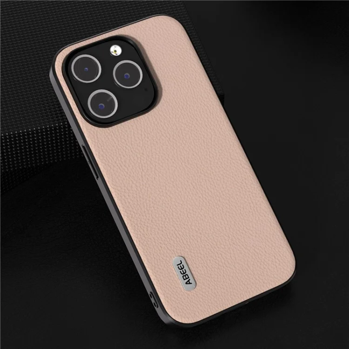 ABEEL - ABEEL iPhone 15 Pro Max Mobilskal Äkta Läder Litchi - Rosa