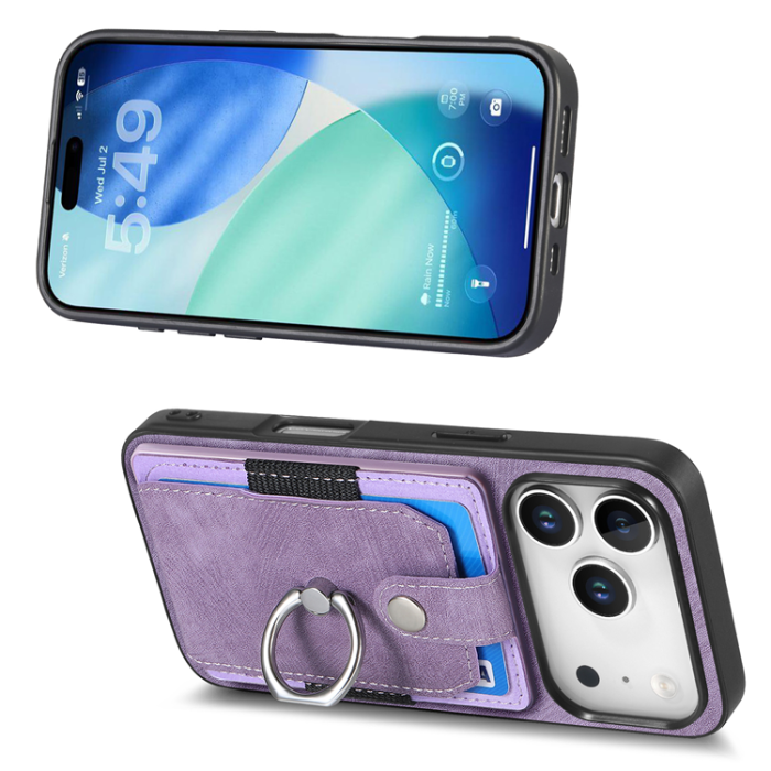 A-One Brand - iPhone 17 Pro Mobilskal med Korthållare Läder Kickstand - Lila