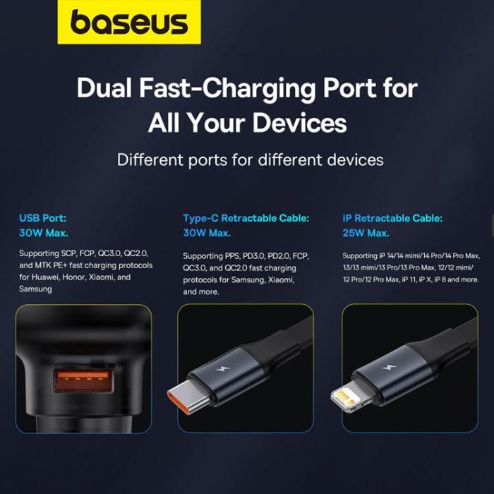 BASEUS - Baseus Enjoyment USB-A Billaddare med USB-C/Lightning 60W Kabel - Svart