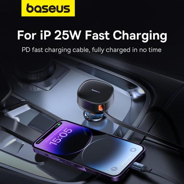 BASEUS - Baseus Enjoyment USB-A Billaddare med USB-C/Lightning 60W Kabel - Svart