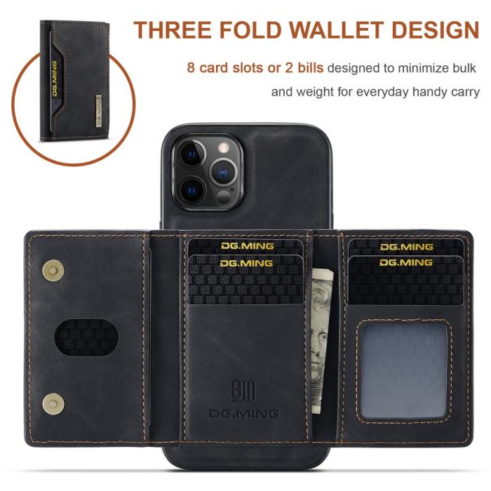 DG.MING - DG.MING iPhone 12 & 12 Pro Tri-fold Wallet Med Kickstand - Svart