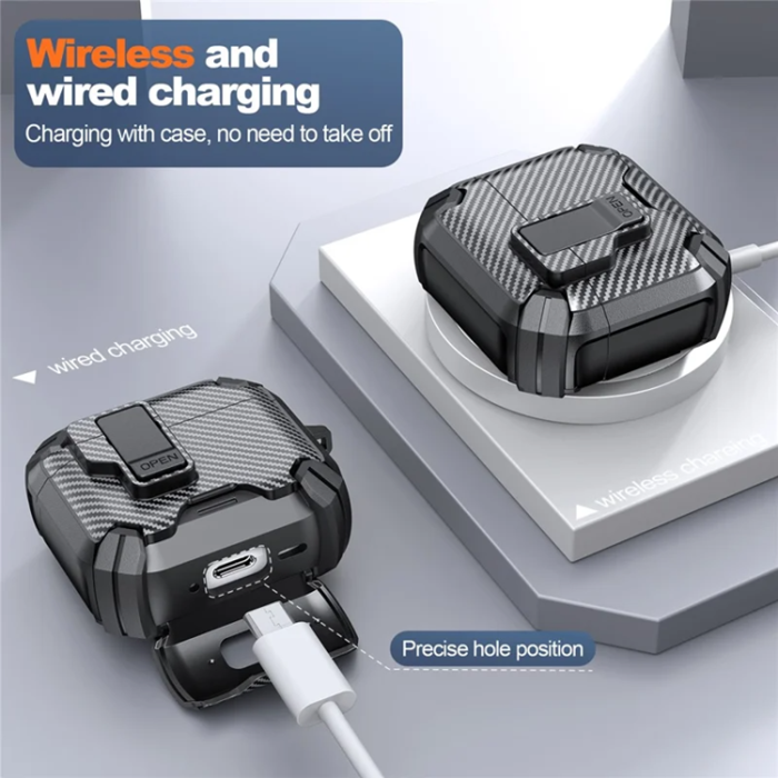 A-One Brand - AirPods 4 Skal Magsafe Carbon Fiber med Karbinhake - Vit/Blå