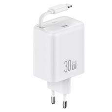 USAMS - USAMS V&auml;ggladdare 1xUSB-C med utdragbar USB-C kabel PD+QC 30W GaN &ndash; Vit