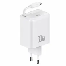 USAMS - USAMS V&auml;ggladdare 1xUSB-C med utdragbar USB-C kabel PD+QC 30W GaN &ndash; Vit