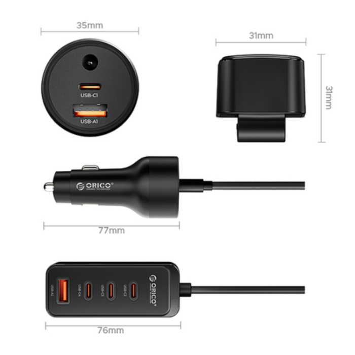 ORICO - ORICO ChargeClip Billaddare 108W med 2x USB-A + 4x USB-C - Svart