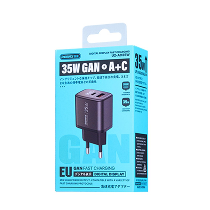 Remax - REMAX GaN Snabbladdare 35W USB-C - USB-A 30W EU U2-AC - Svart