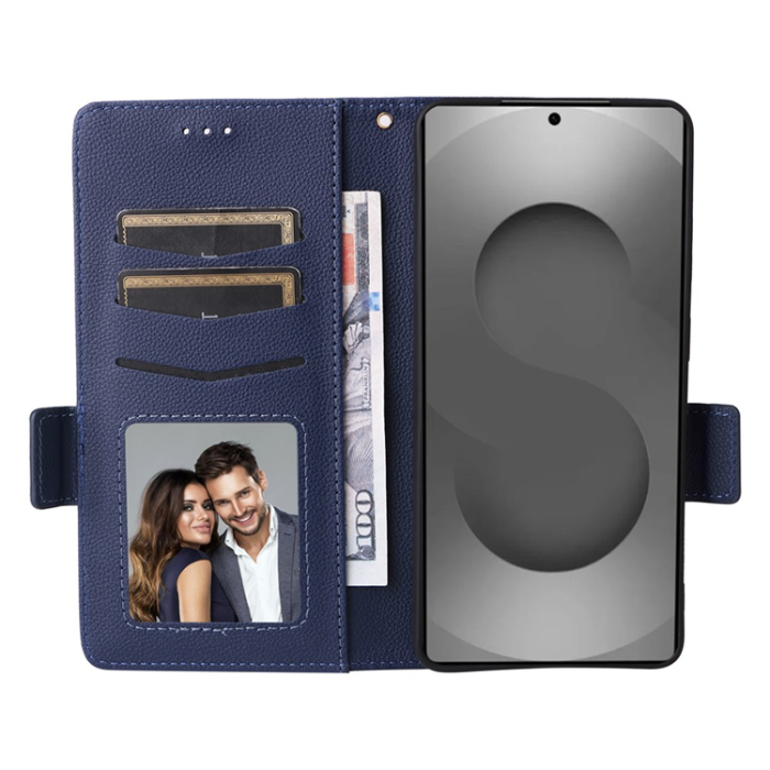 A-One Brand - Galaxy S26 Ultra Plånboksfodral Litchi Läder med Rem - Mörkblå
